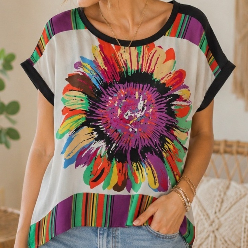Vintage 90s Y2K Sheer Floral Stripe Dolman Sleeve Top Sunflower Art to Wear